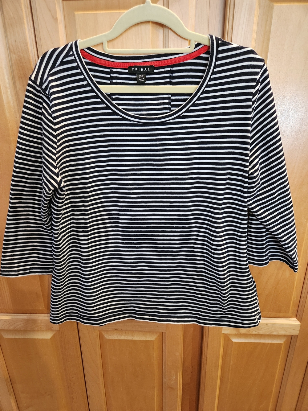 Tribal Black & White Striped Scoop Neck Top with Red Trim